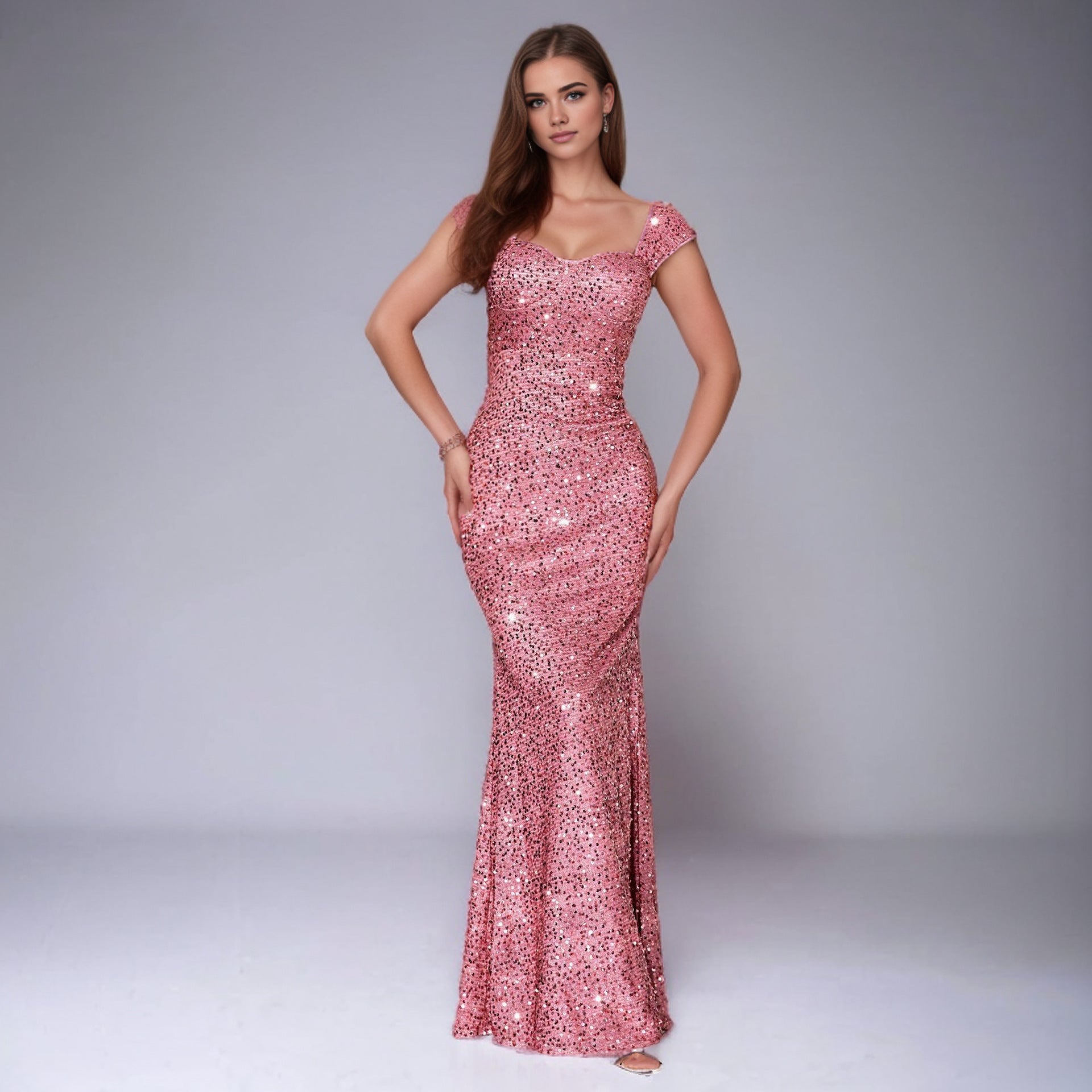 Lotus pink sequin sling dress with sweetheart neckline and fitted mermaid silhouette