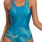 Women's turquoise leaf print one-piece swimsuit