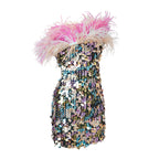 Strapless sequin mini dress on white background with pink feather trim, full length view