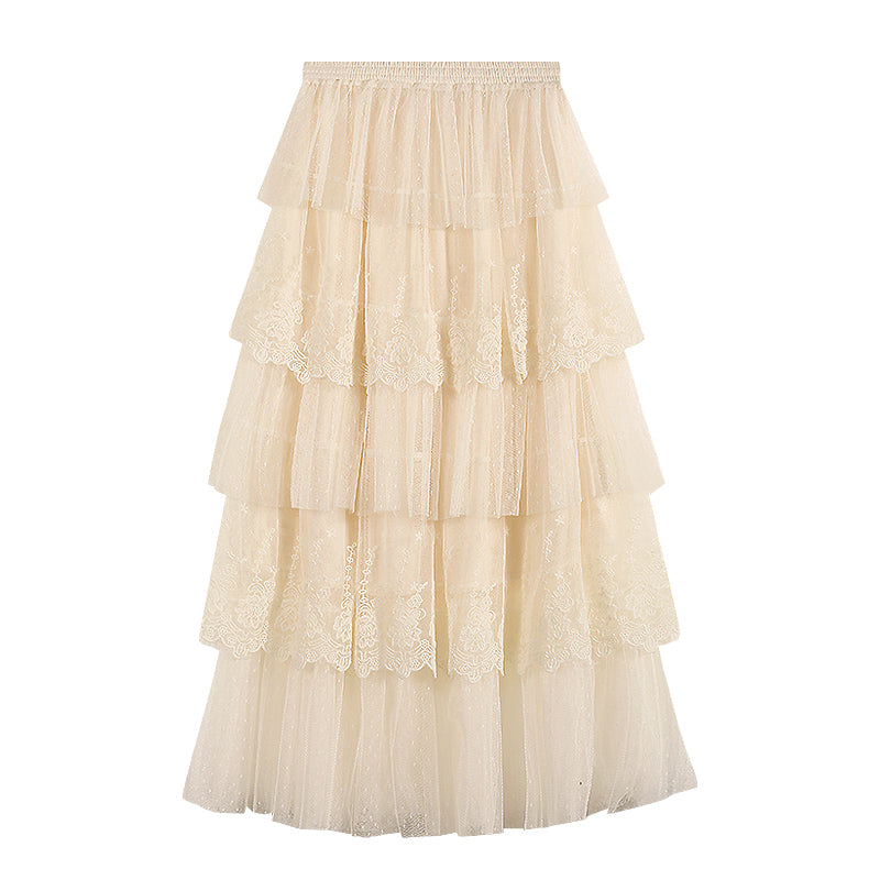Embroidered lace mesh A-line skirt