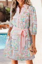 Pink Boho Floral Belted Mini Dress