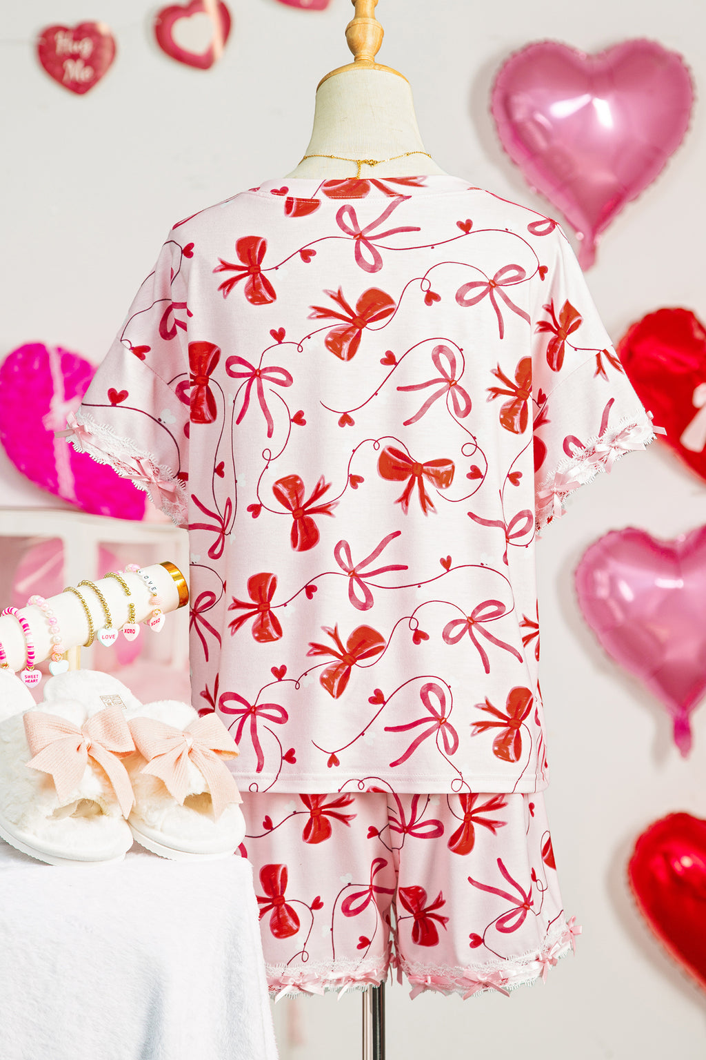 Red Romantic Bow Print Lounge Set