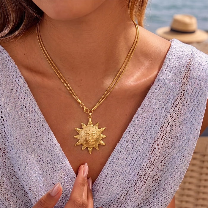18K gold-color celestial sun face pendant necklace