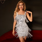 Women’s silver sequin sling sheath dress with layered fringe and square neckline straps