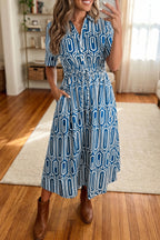 Blue Geometric Print Shirt-Collar Dress