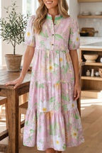 Pink Floral Puff-Sleeve Tiered Maxi Dress