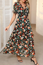 Black Fiery Floral V-Neck Maxi Dress
