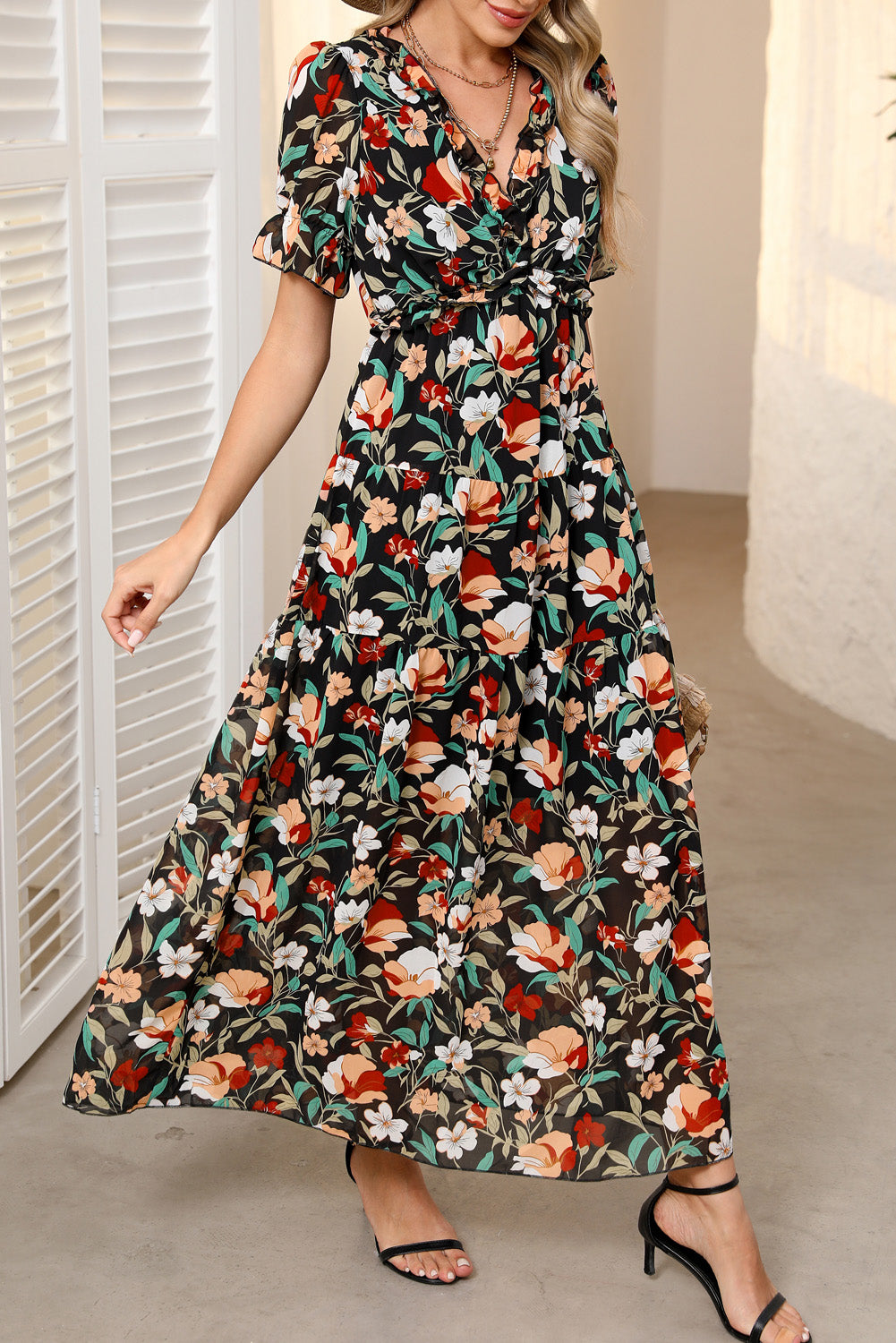 Black Fiery Floral V-Neck Maxi Dress
