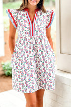 Sky Blue Floral Contrast-Trim Flutter-Sleeve Top