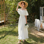 White boho off-shoulder tiered midi dress with layered ruffles and elastic neckline