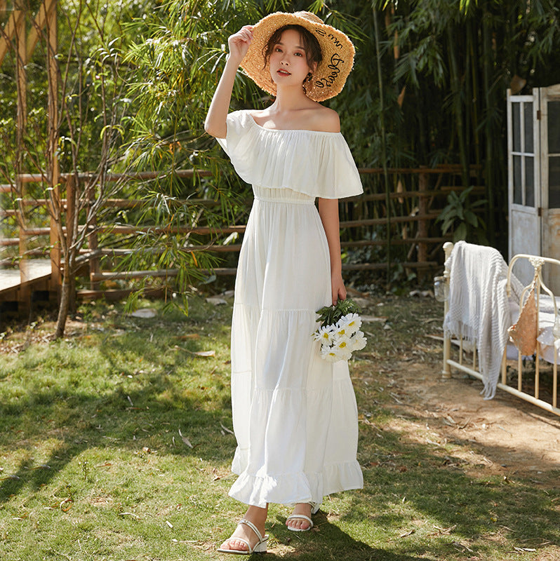 White boho off-shoulder tiered midi dress with layered ruffles and elastic neckline