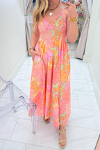 Pink Floral Shirred-Waist Spaghetti-Strap Dress