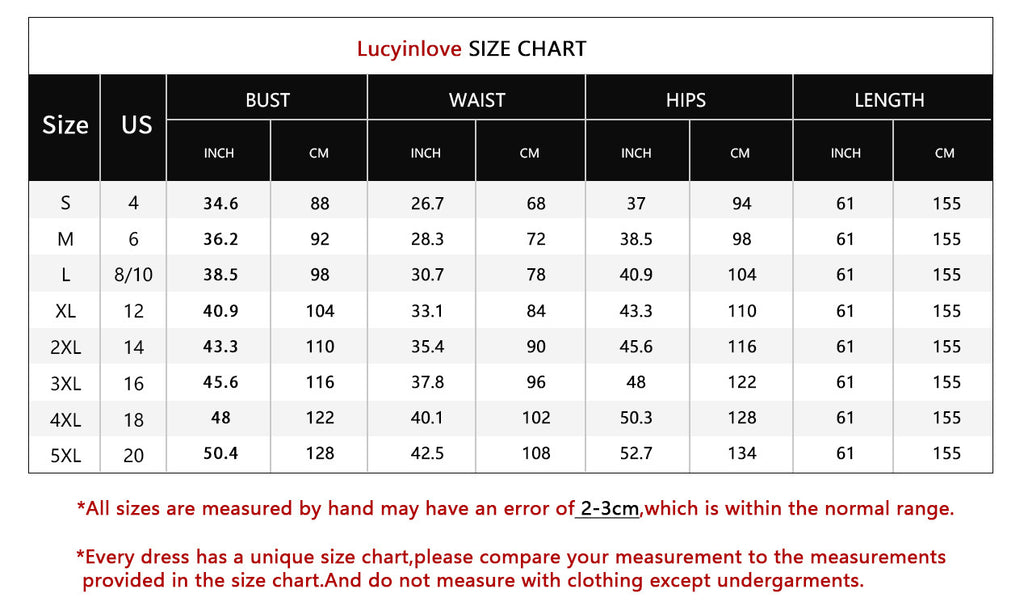 Women’s backless sequin dress size chart with bust, waist, hips, and length measurements