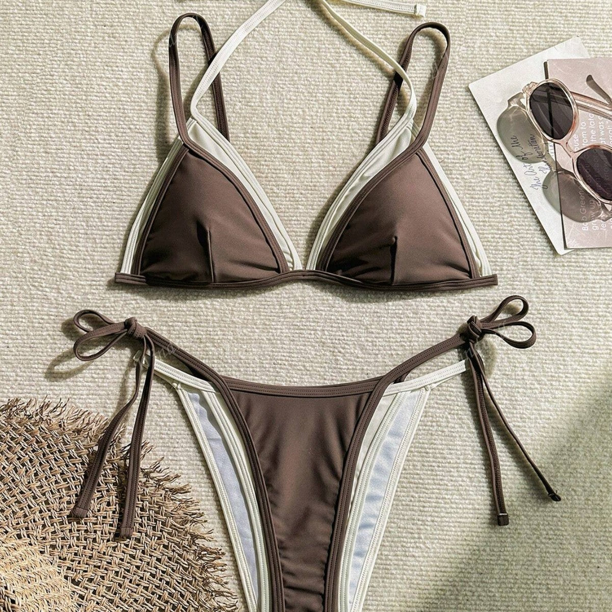Women's taupe ivory contrast triangle bikini set