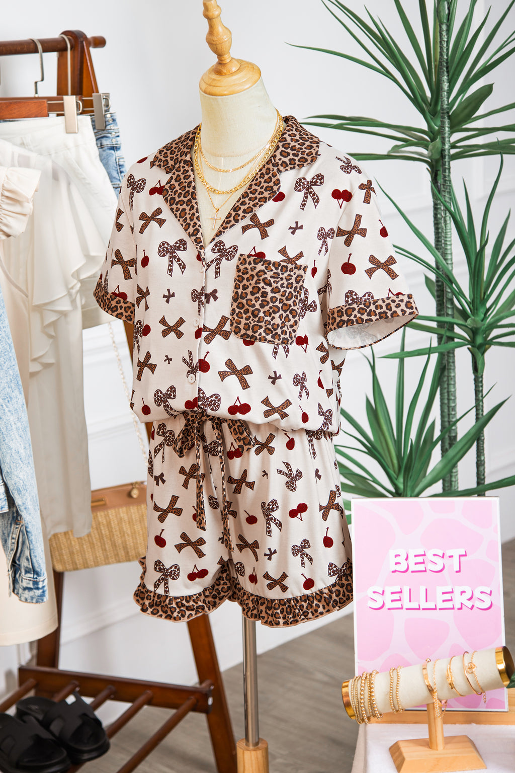 White Cherry Leopard Bow Pajama Set