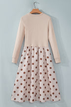 Women's Beige Polka-Dot Ribbed Midi Dress