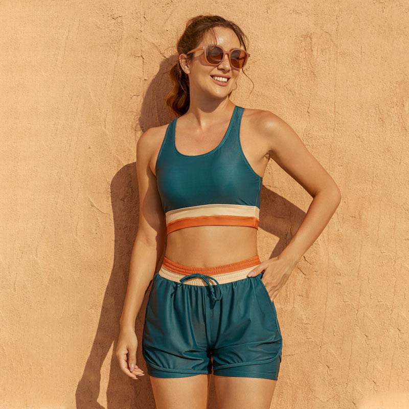 Women's green orange sport swimwear set with shorts