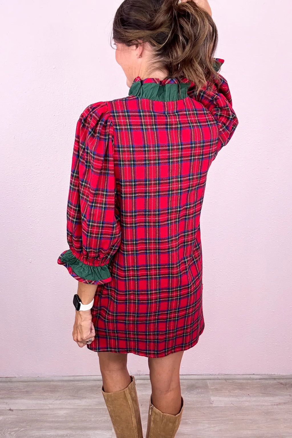 Red Plaid Ruffle-Cuff Button-Front Mini Dress