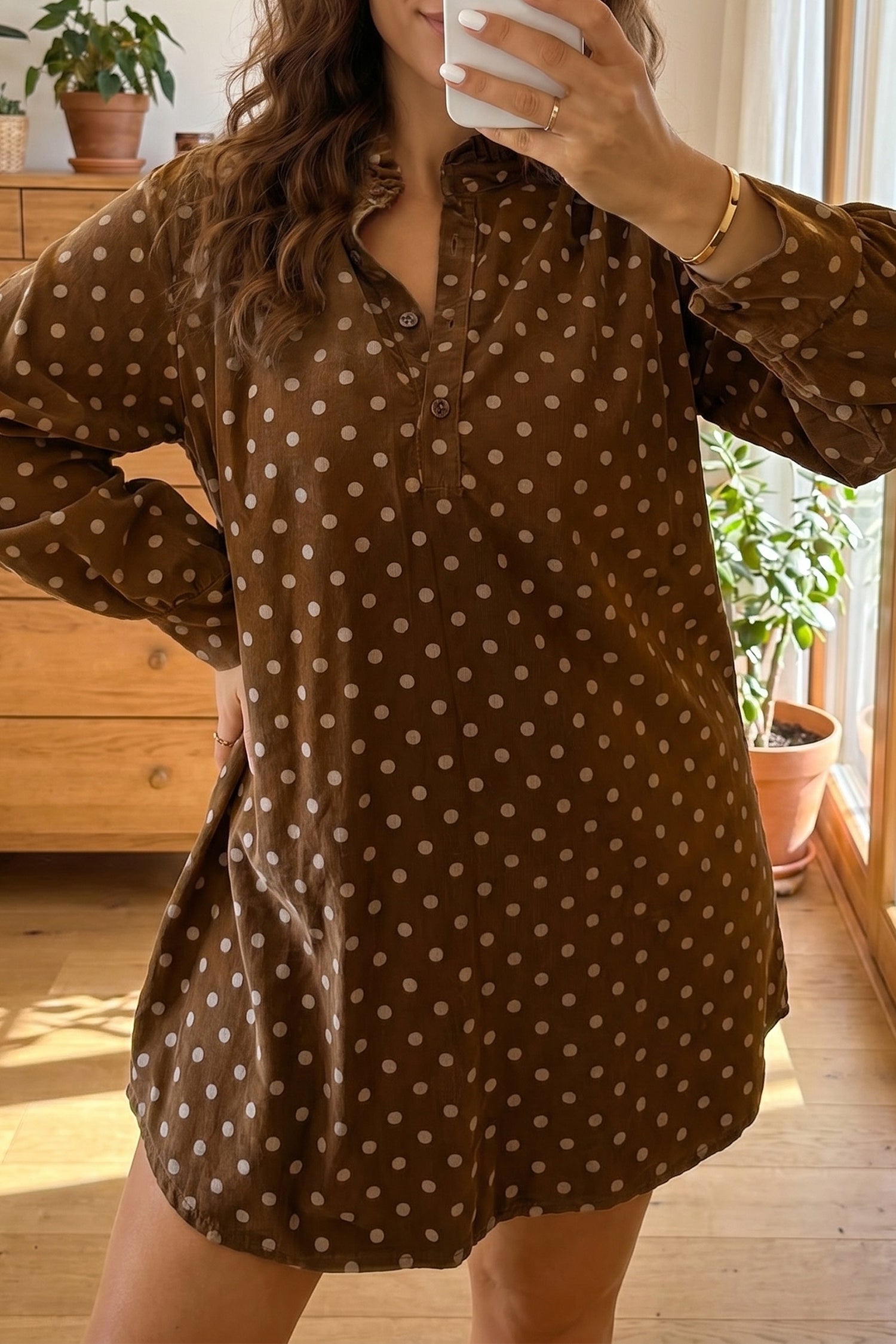Women's Brown Polka-Dot V-Neck Button-Front Dress