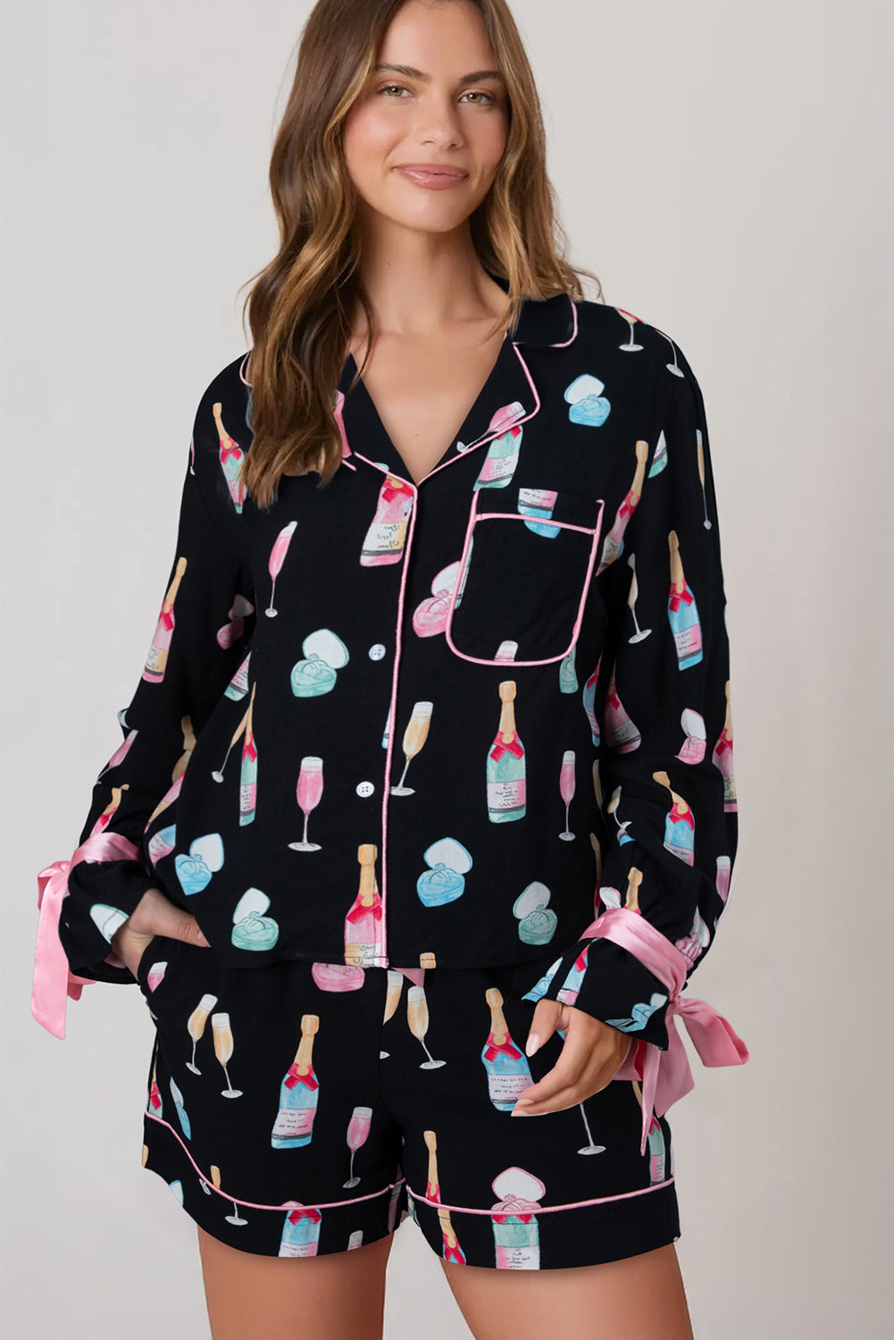 Black Christmas Wine-Glass Pajama Set