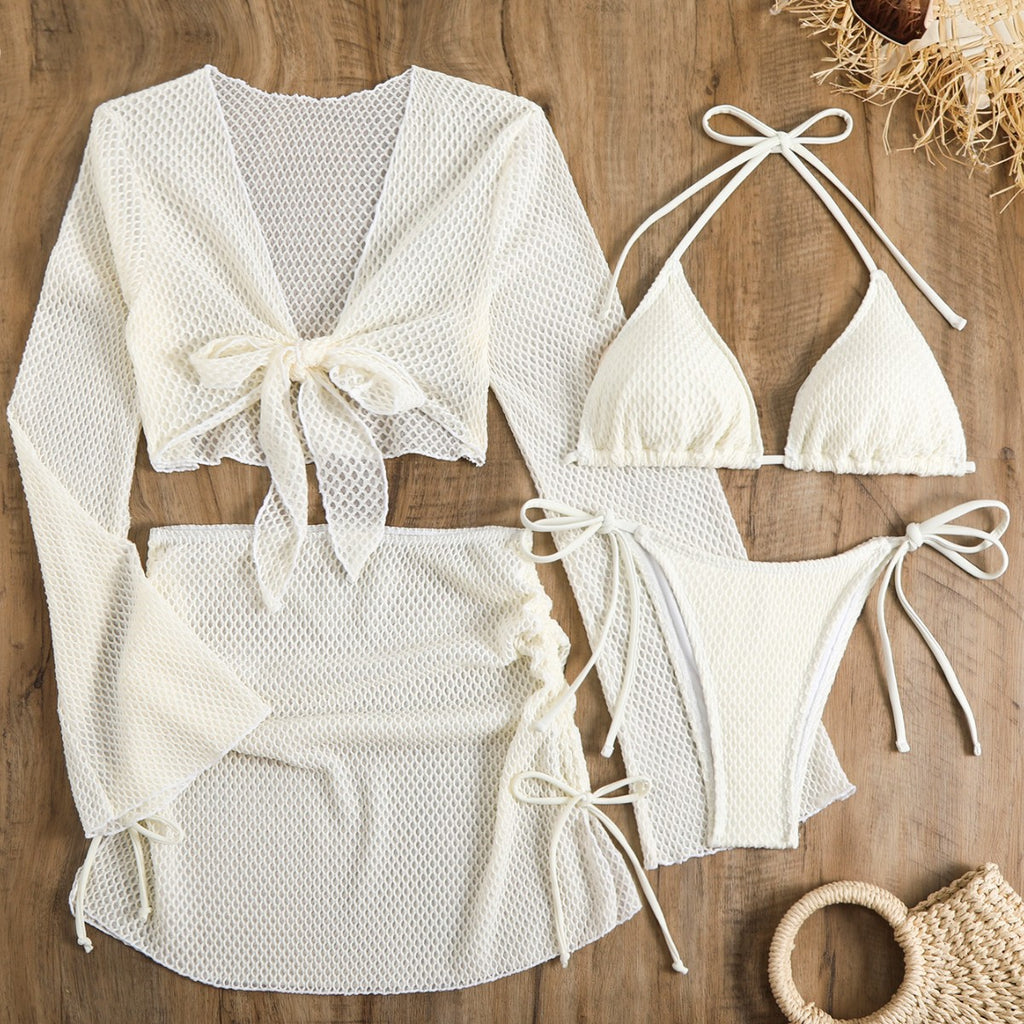 Women's Ivory Crochet Four-Piece Bikini Set with Cover-Up