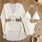 Women's Ivory Crochet Four-Piece Bikini Set with Cover-Up