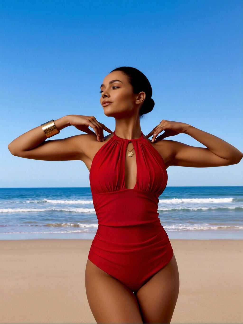 Red halter one-piece swimsuit with high neck and central keyhole cutout