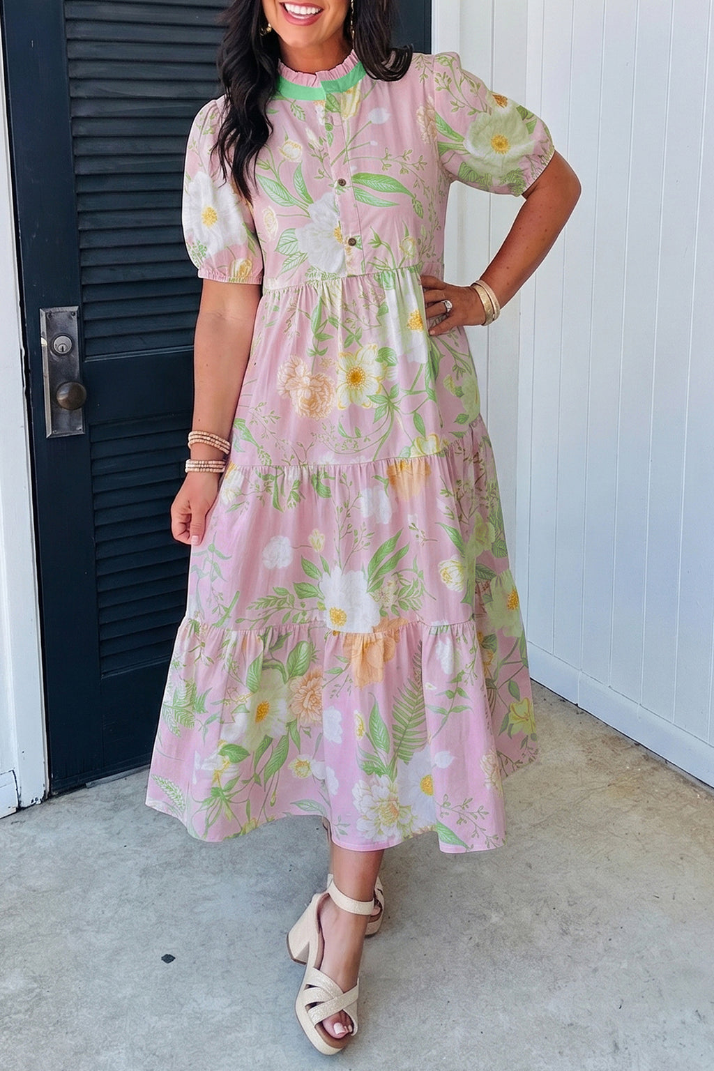Pink Floral Puff-Sleeve Tiered Maxi Dress