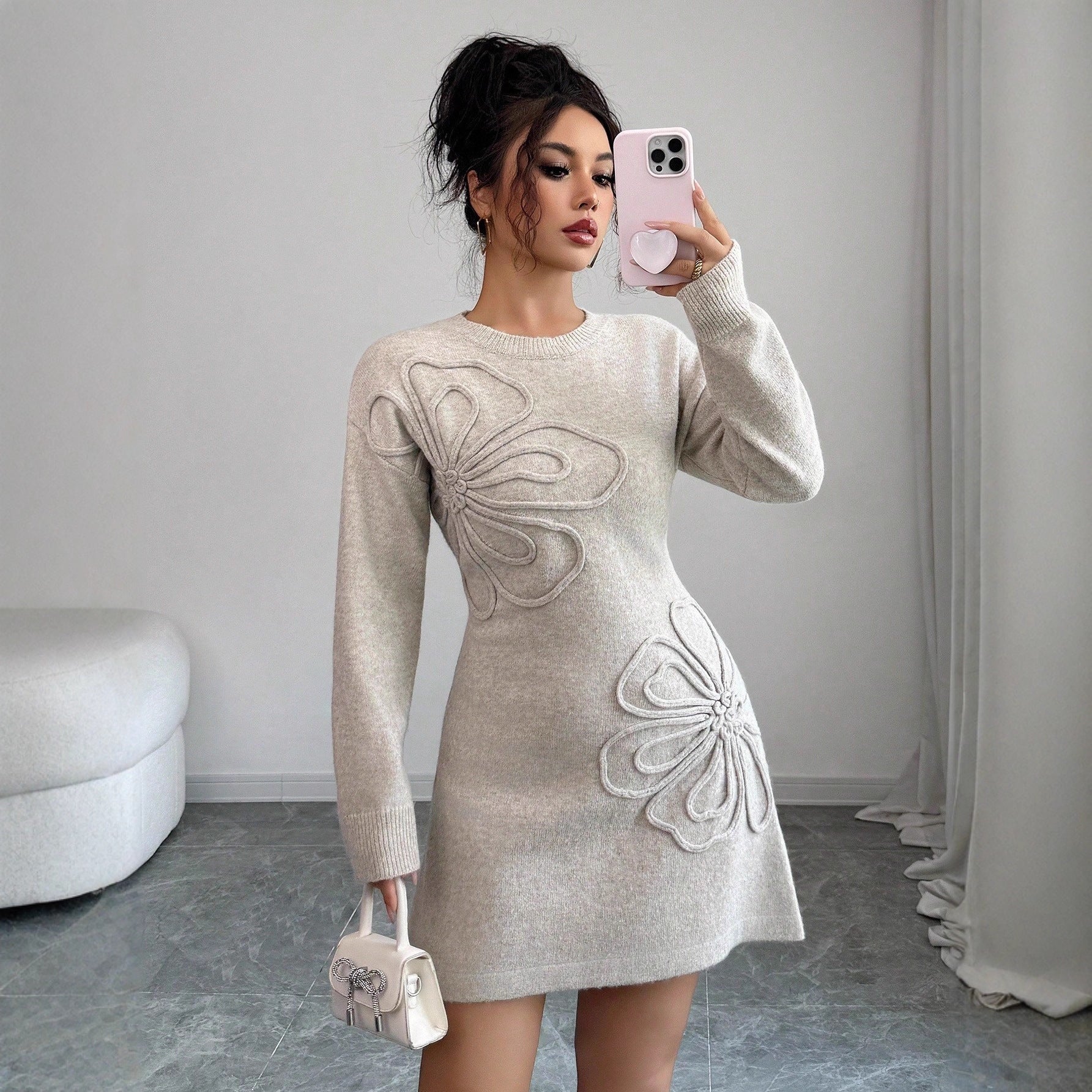 Women's Ivory 3D Floral Long-Sleeve Mini Dress