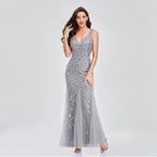 Women's Silver Sequin Lace Evening Gown