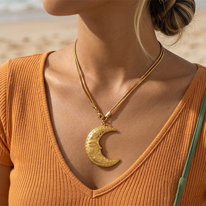 18K gold-color celestial moon face pendant necklace