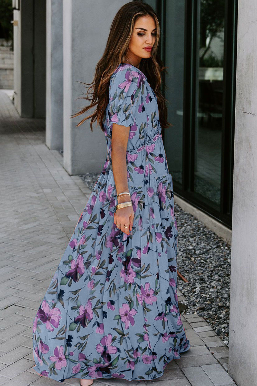 Black Fiery Floral V-Neck Maxi Dress