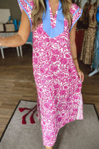 Pink Floral Color-Block V-Neck Midi Dress