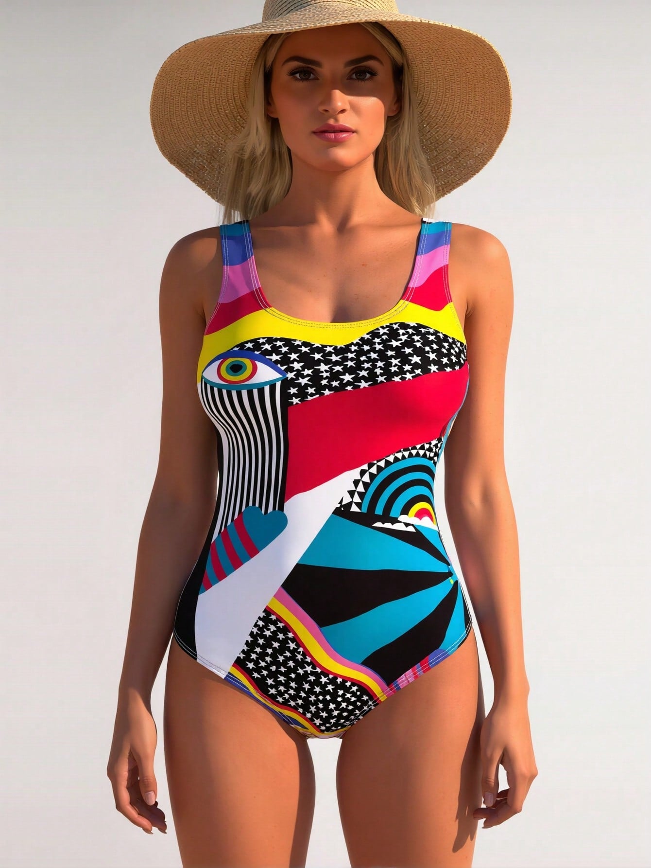 Multicolor abstract one-piece swimsuit with scoop neck, fitted silhouette