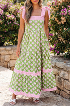 Green Floral Striped Knot-Strap Maxi Dress