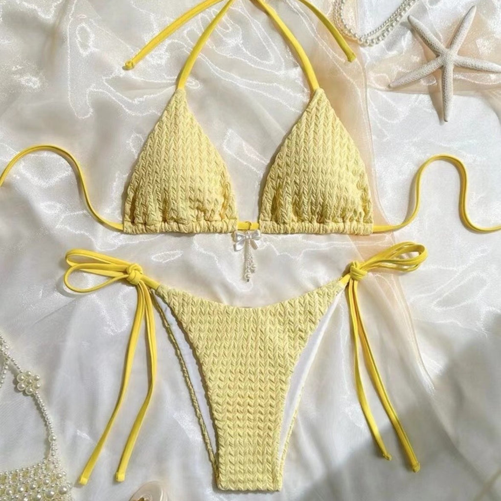 Women's Yellow Textured Triangle Tie-Side Bikini Set