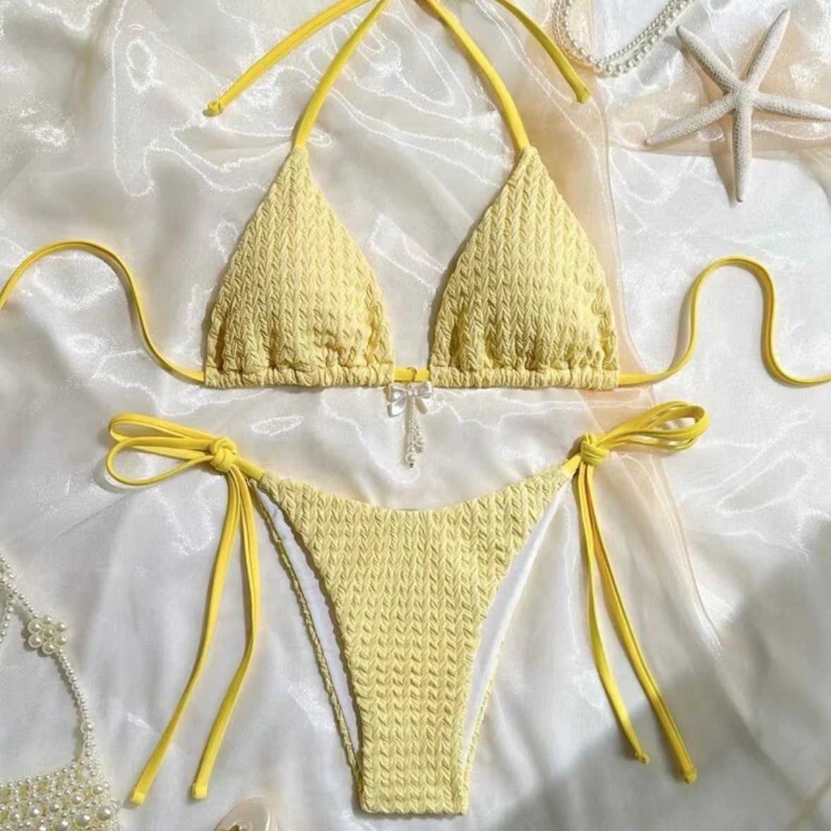 Women's Yellow Textured Triangle Tie-Side Bikini Set