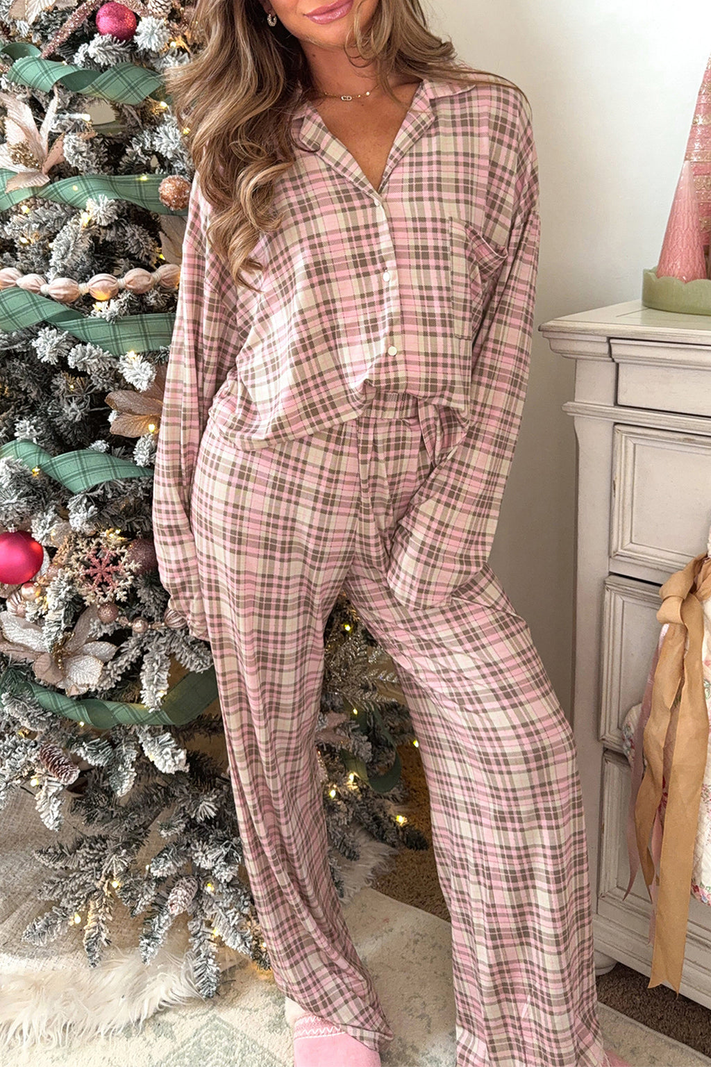 Pink Plaid Long-Sleeve Pajama Set