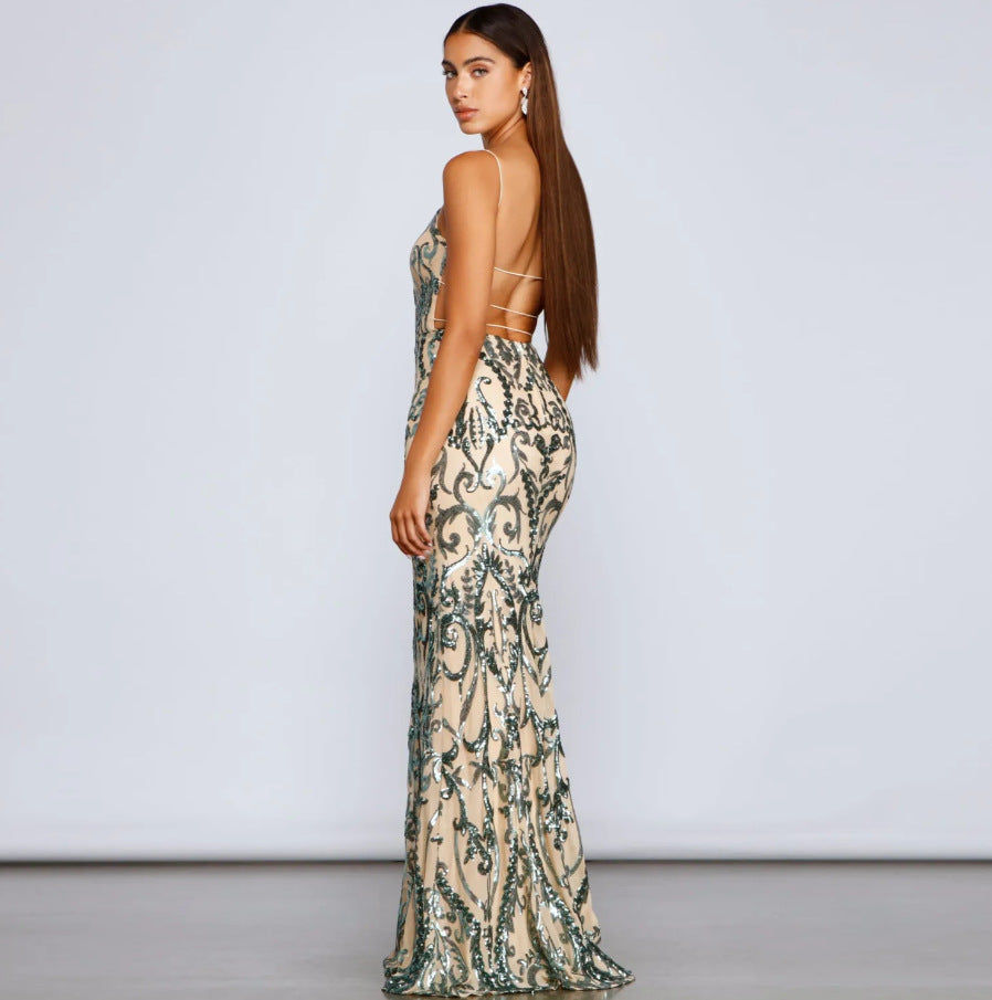 Women’s sequin evening dress, side view, spaghetti straps, green-and-cream ornate design