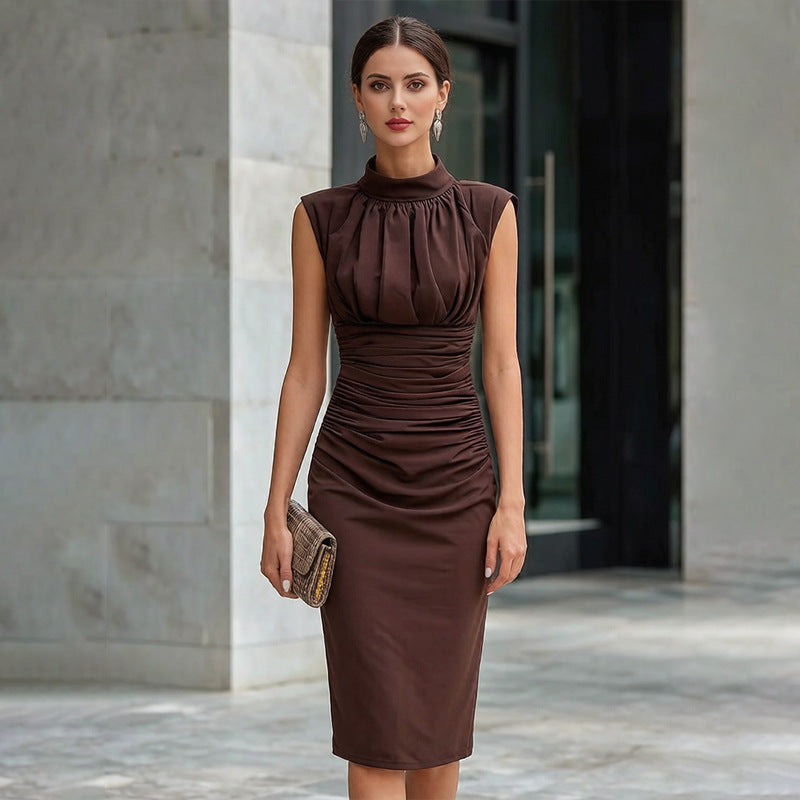 Women's brown ruched sleeveless midi dress