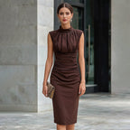 Women's brown ruched sleeveless midi dress