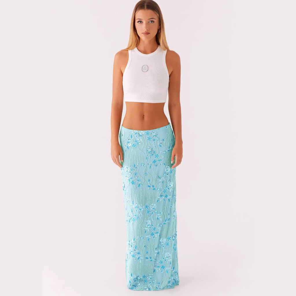 Women's light blue floral sequin maxi skirt