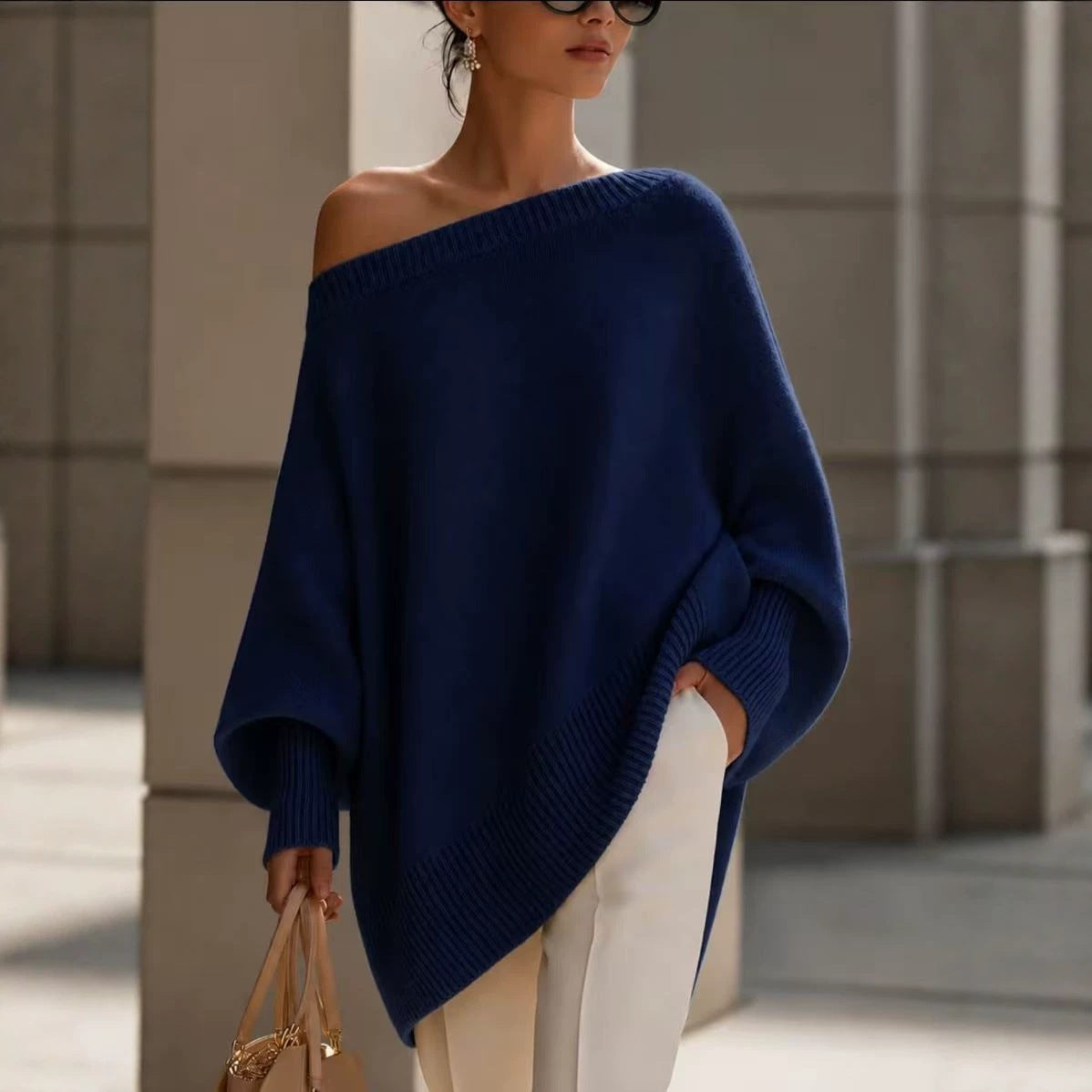 Women's navy asymmetric poncho sweater