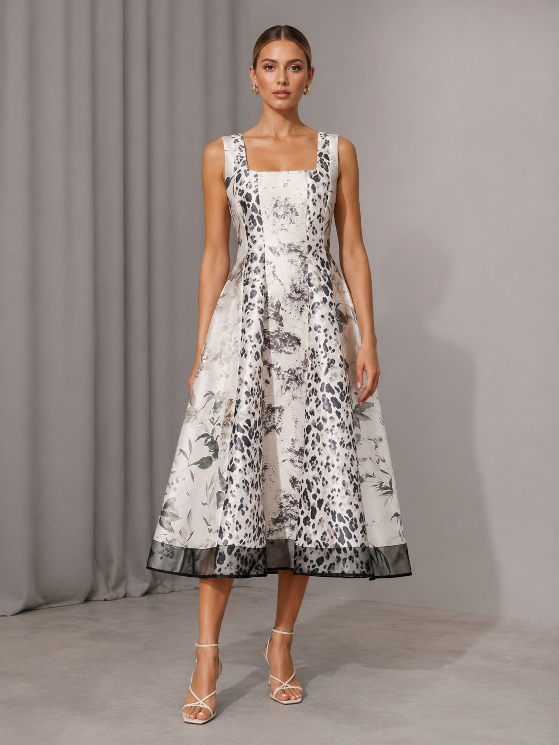 Leopard botanical satin square-neck midi dress