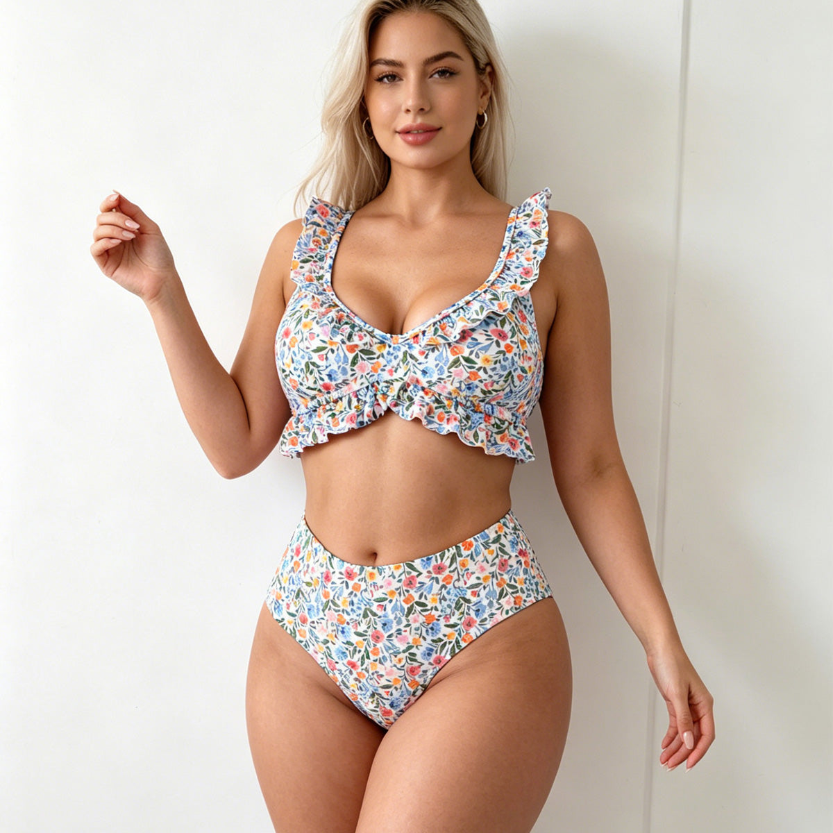 Women's Ditsy-Floral Ruffle High-Waist Bikini Set