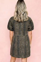 Gray Leopard-Print Pleated Denim Mini Dress