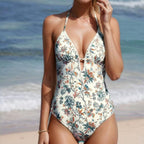 Women's ivory floral plunge one-piece swimsuit