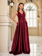 Women’s backless sequin dress, dark red V-neck sleeveless gown with full pleated skirt