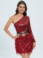 Red one-shoulder sequin mini dress with long sleeve, gold buckle belt, feather tulle ruffle skirt