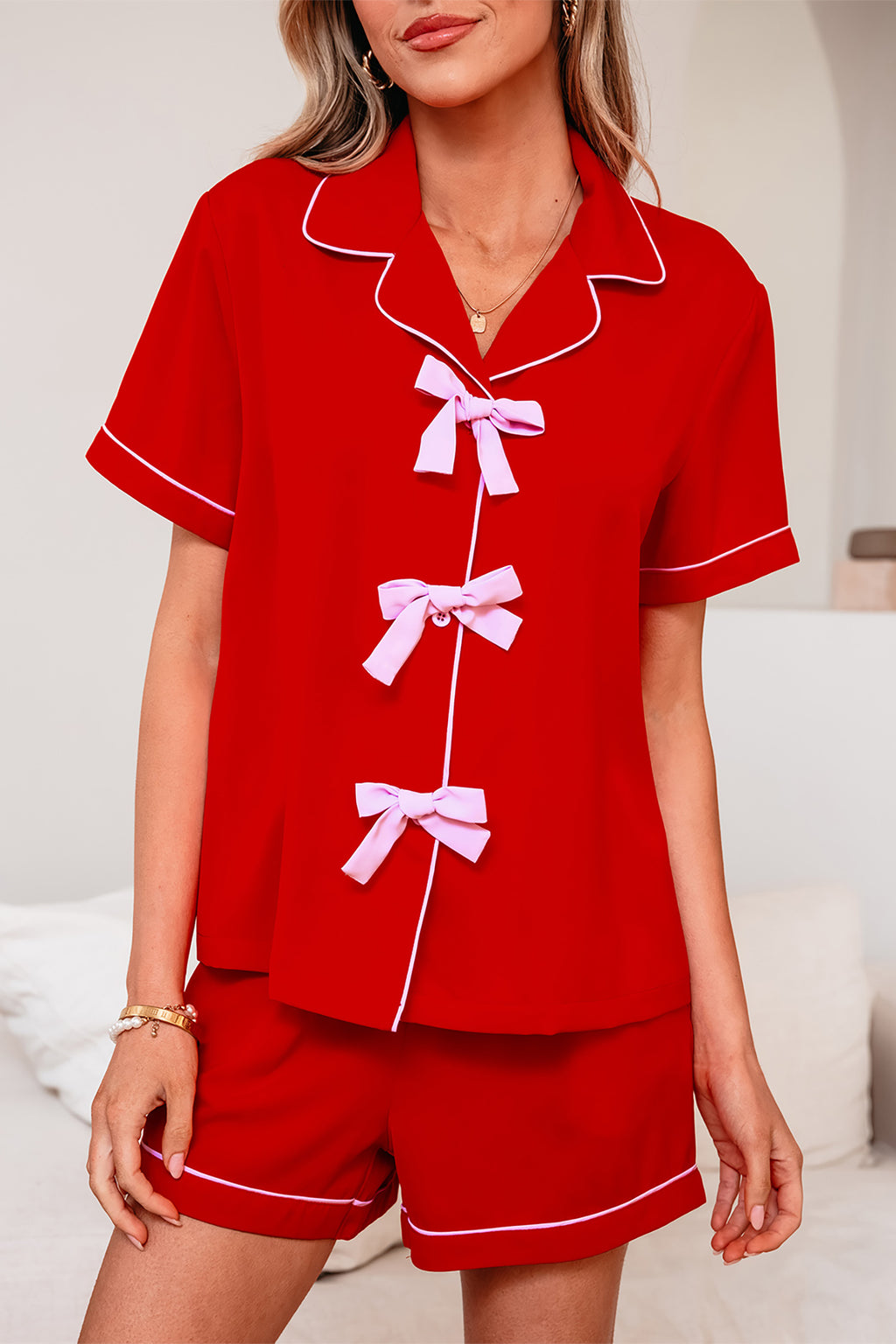 Fiery Red Ribbon-Bow Pajama Set